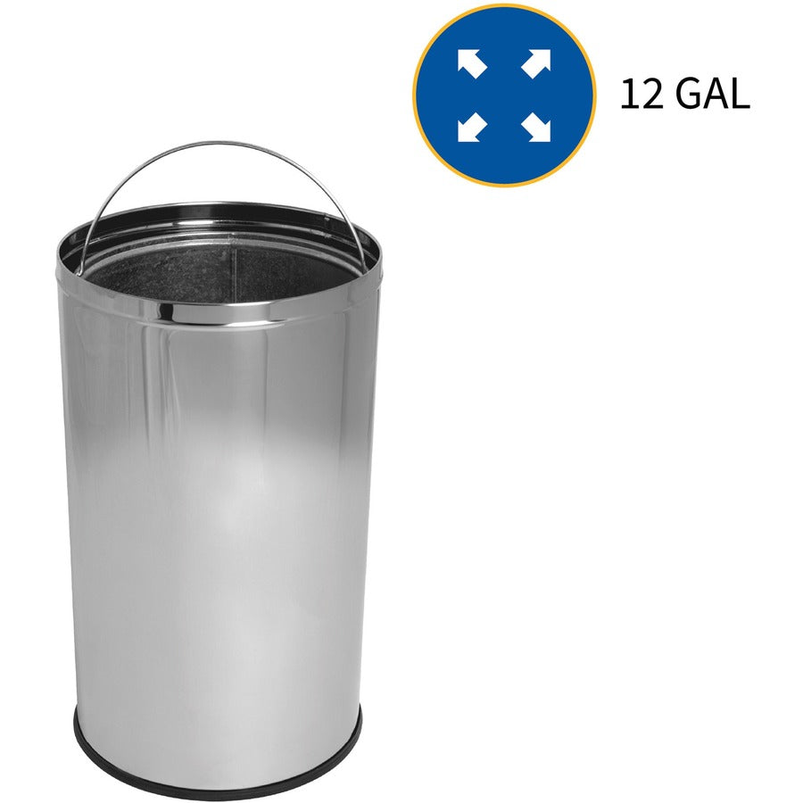 Genuine Joe Push Open Round Top Receptacle - 12 gal Capacity - Round - Durable - 29.2" Height x 14.8" Diameter - Stainless Steel - 1 Each - 3