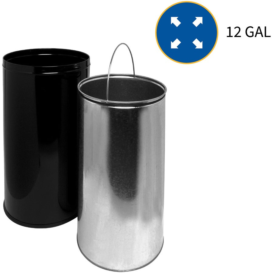 Genuine Joe Push Open Round Top Receptacle - 12 gal Capacity - Round - 29.2" Height x 14.8" Diameter - Black, Silver - 1 Each - 5