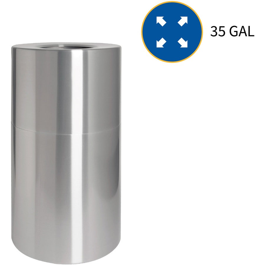 Genuine Joe Classic Cylinder 2-Piece Waste Receptacle - 35 gal Capacity - Weather Resistant, Fire Proof, Leak Proof - 34" Height x 18" Diameter - Aluminum - Silver - 1 Each