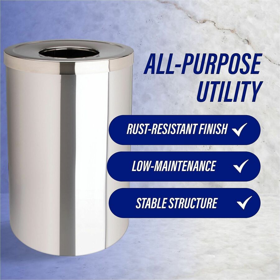 Genuine Joe 30 Gallon Stainless Steel Trash Receptacle - 30 gal Capacity - Durable, Heavy Duty - 31.5" Height x 20" Diameter - Stainless Steel - Silver - 1 Each