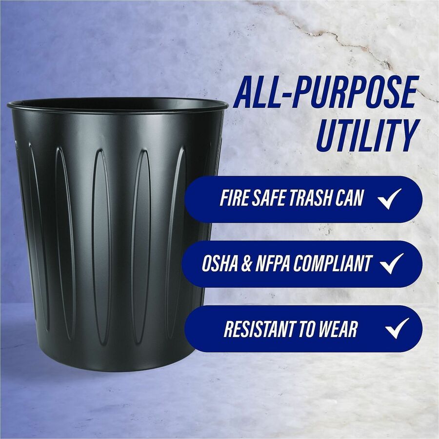 Genuine Joe 6-gallon Fire-safe Trash Can - 6 gal Capacity - Fire-Safe, Sturdy - 14" Height x 13" Diameter - Metal, Steel - Black - 1 Each