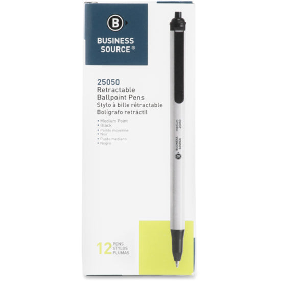 Business Source Retractable Ballpoint Pens - Medium Pen Point - Retractable - Black - Gray Barrel - 1 Dozen - 