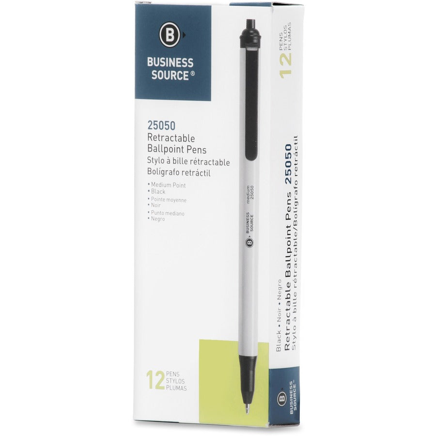 Business Source Retractable Ballpoint Pens - Medium Pen Point - Retractable - Black - Gray Barrel - 1 Dozen