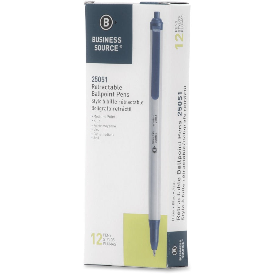Business Source Retractable Ballpoint Pens - Medium Pen Point - Retractable - Blue - Gray Barrel - 1 Dozen