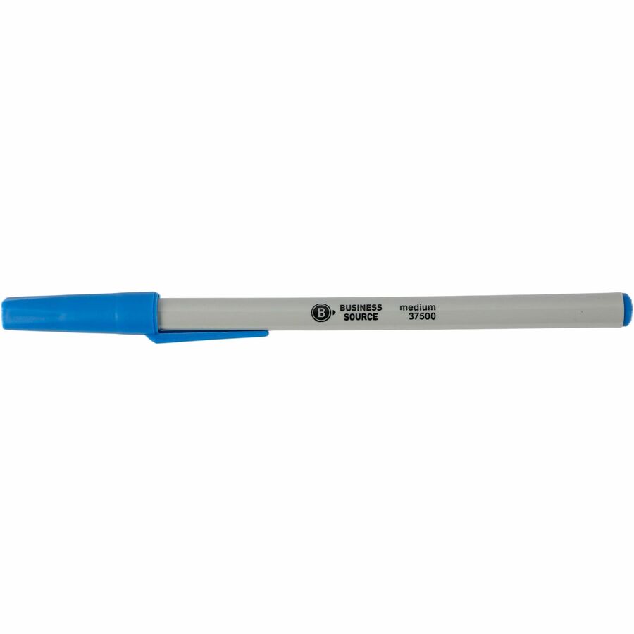 Business Source Medium Point Ballpoint Stick Pens - Medium Pen Point - Blue - Light Gray Barrel - Stainless Steel Tip - 1 Dozen