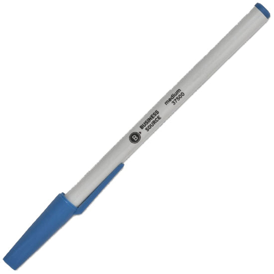 Business Source Medium Point Ballpoint Stick Pens - Medium Pen Point - Blue - Light Gray Barrel - Stainless Steel Tip - 1 Dozen