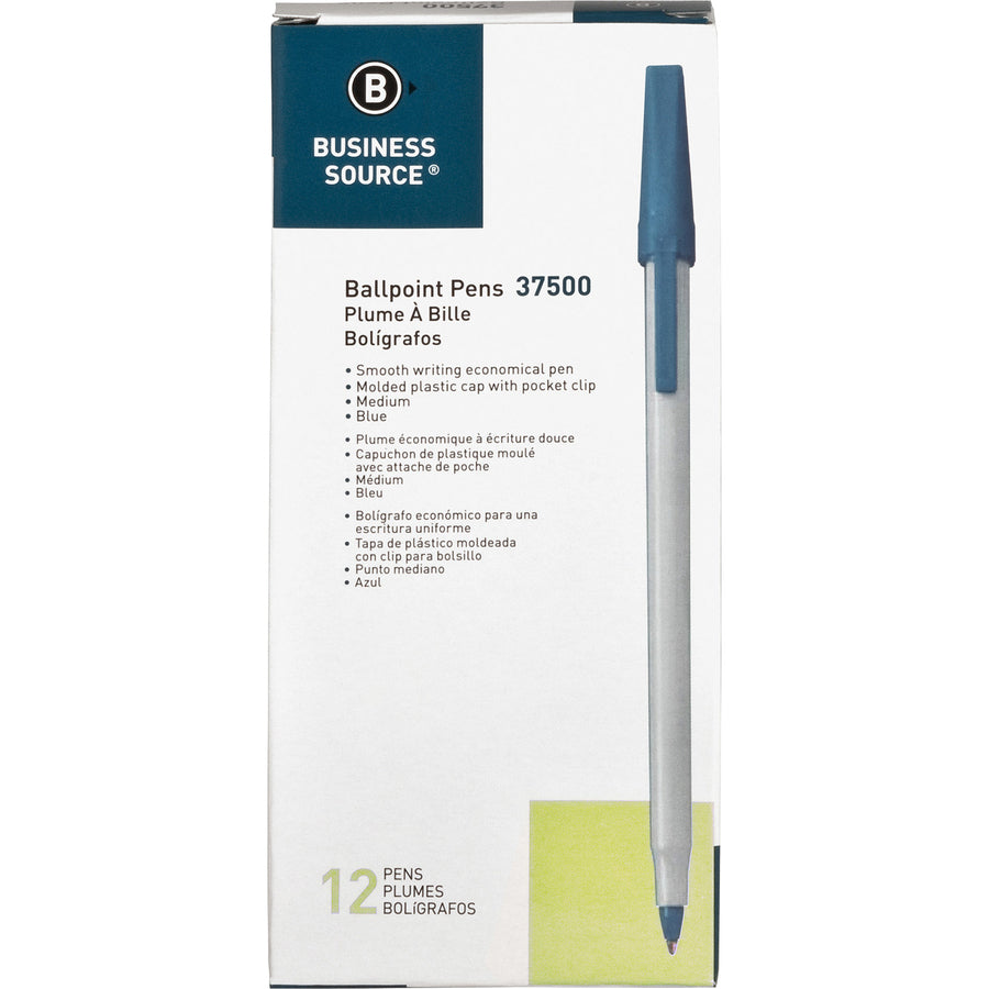 Business Source Medium Point Ballpoint Stick Pens - Medium Pen Point - Blue - Light Gray Barrel - Stainless Steel Tip - 1 Dozen - 