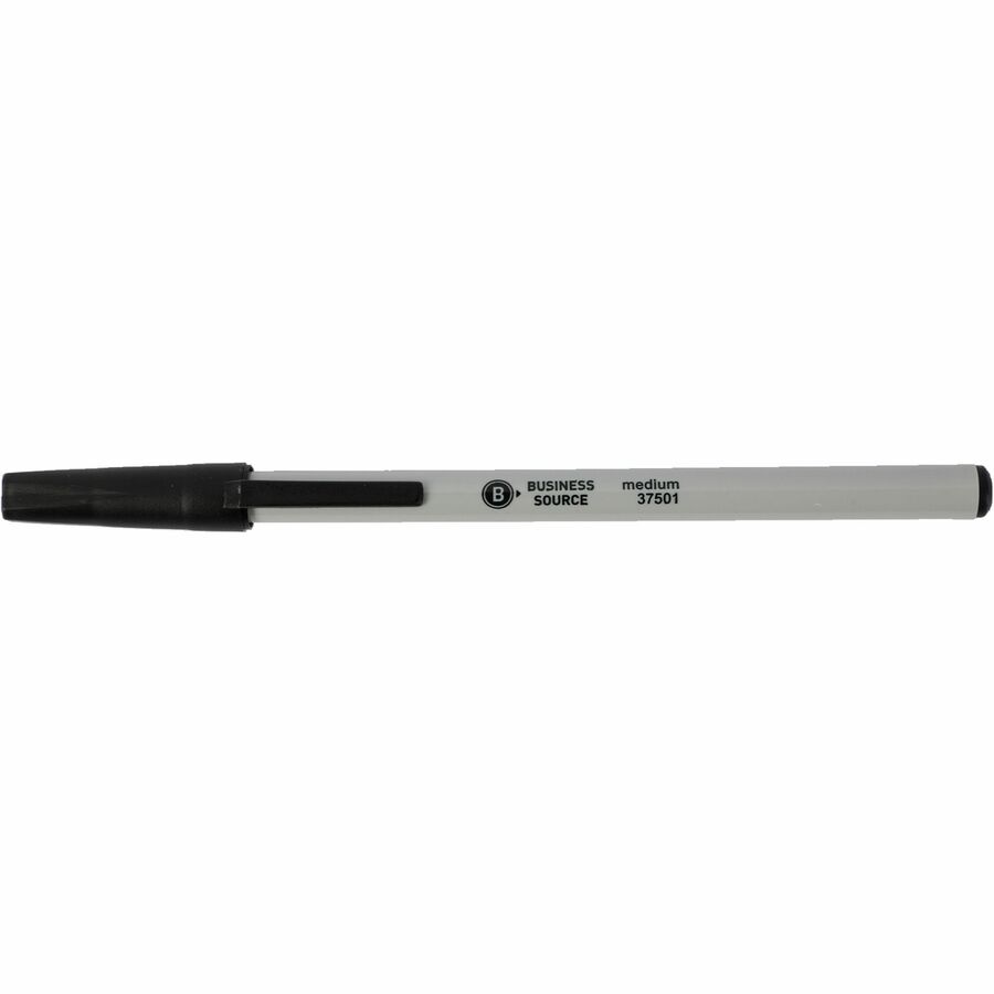 Business Source Medium Point Ballpoint Stick Pens - Medium Pen Point - Black - Light Gray Barrel - Stainless Steel Tip - 1 Dozen