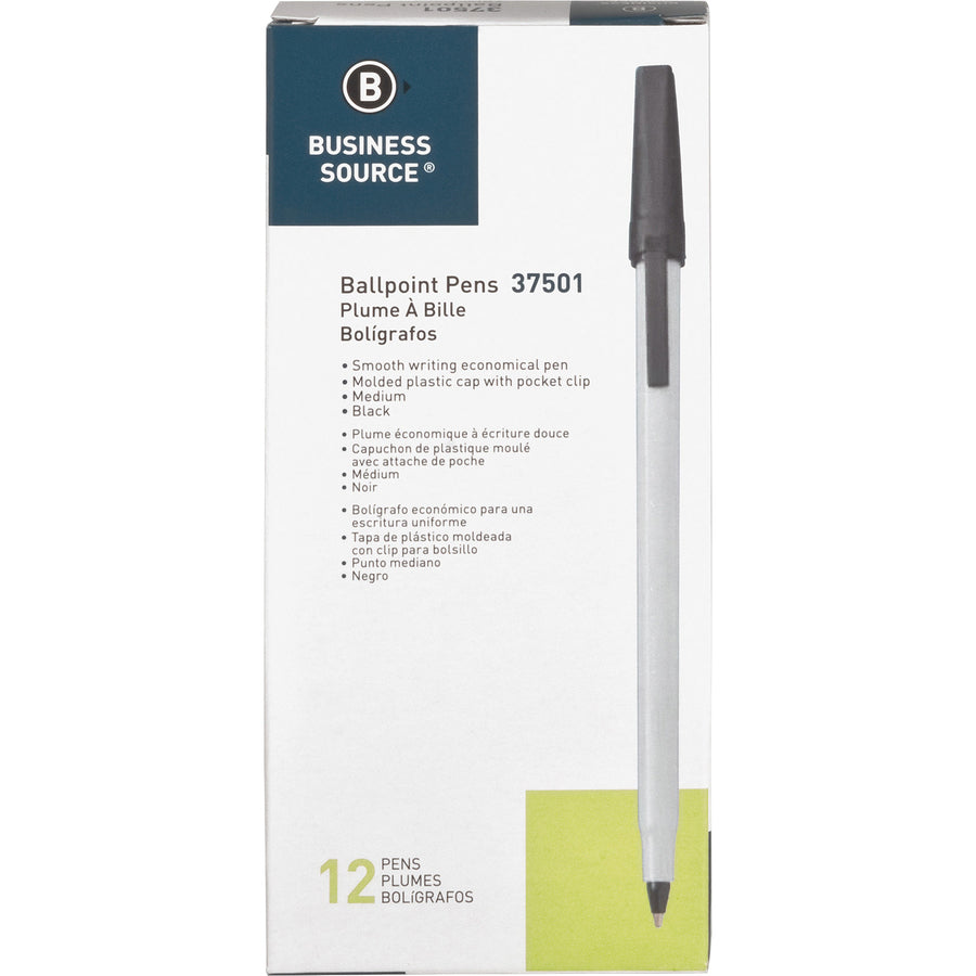 Business Source Medium Point Ballpoint Stick Pens - Medium Pen Point - Black - Light Gray Barrel - Stainless Steel Tip - 1 Dozen - 