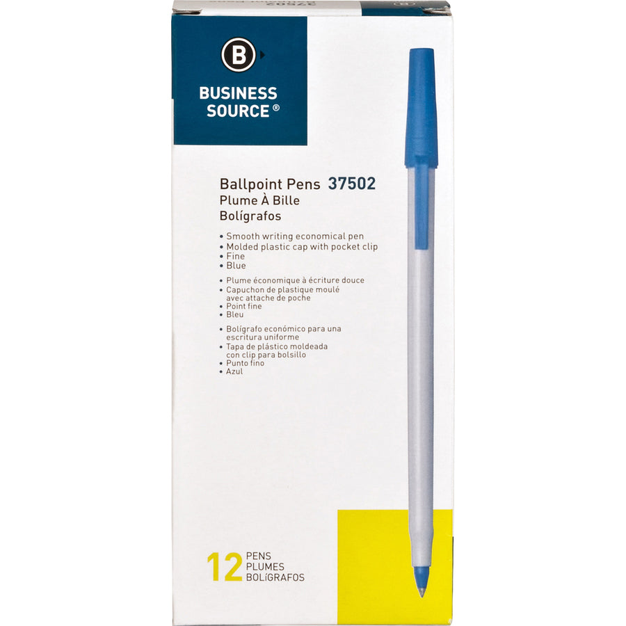 Business Source Fine Point Ballpoint Stick Pens - Fine Pen Point - Blue - Light Gray Barrel - Stainless Steel Tip - 1 Dozen - 