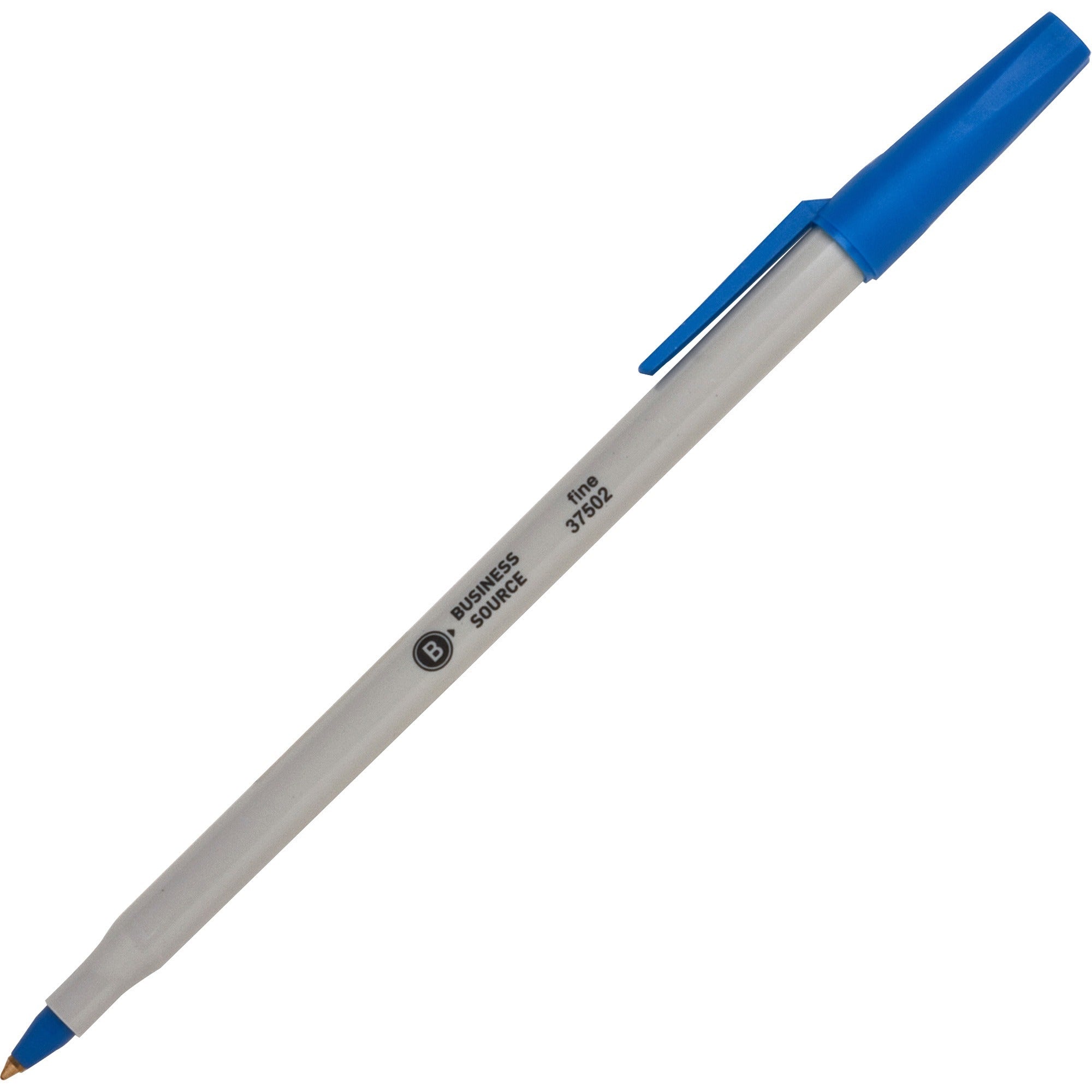 Business Source Fine Point Ballpoint Stick Pens - Fine Pen Point - Blue - Light Gray Barrel - Stainless Steel Tip - 1 Dozen - 