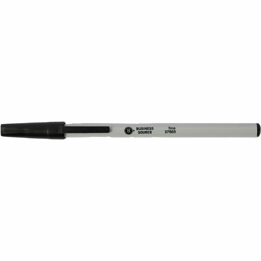 Business Source Fine Point Ballpoint Stick Pens - Fine Pen Point - Black - Light Gray Barrel - Stainless Steel Tip - 1 Dozen
