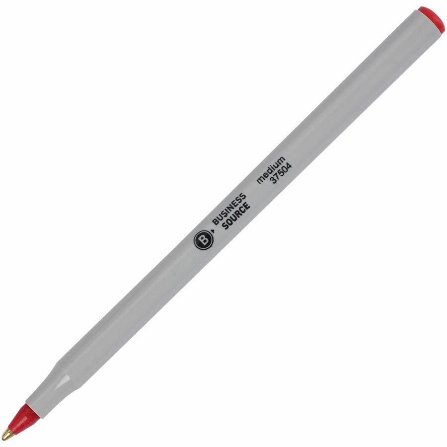 Business Source Medium Point Ballpoint Stick Pens - Medium Pen Point - Red - Light Gray Barrel - Stainless Steel Tip - 1 Dozen