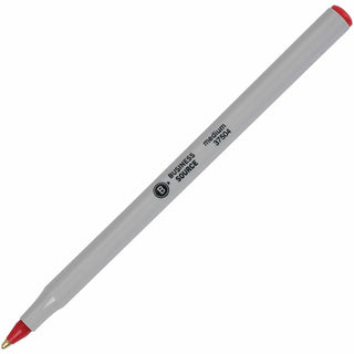 Business Source Medium Point Ballpoint Stick Pens - Medium Pen Point - Red - Light Gray Barrel - Stainless Steel Tip - 1 Dozen