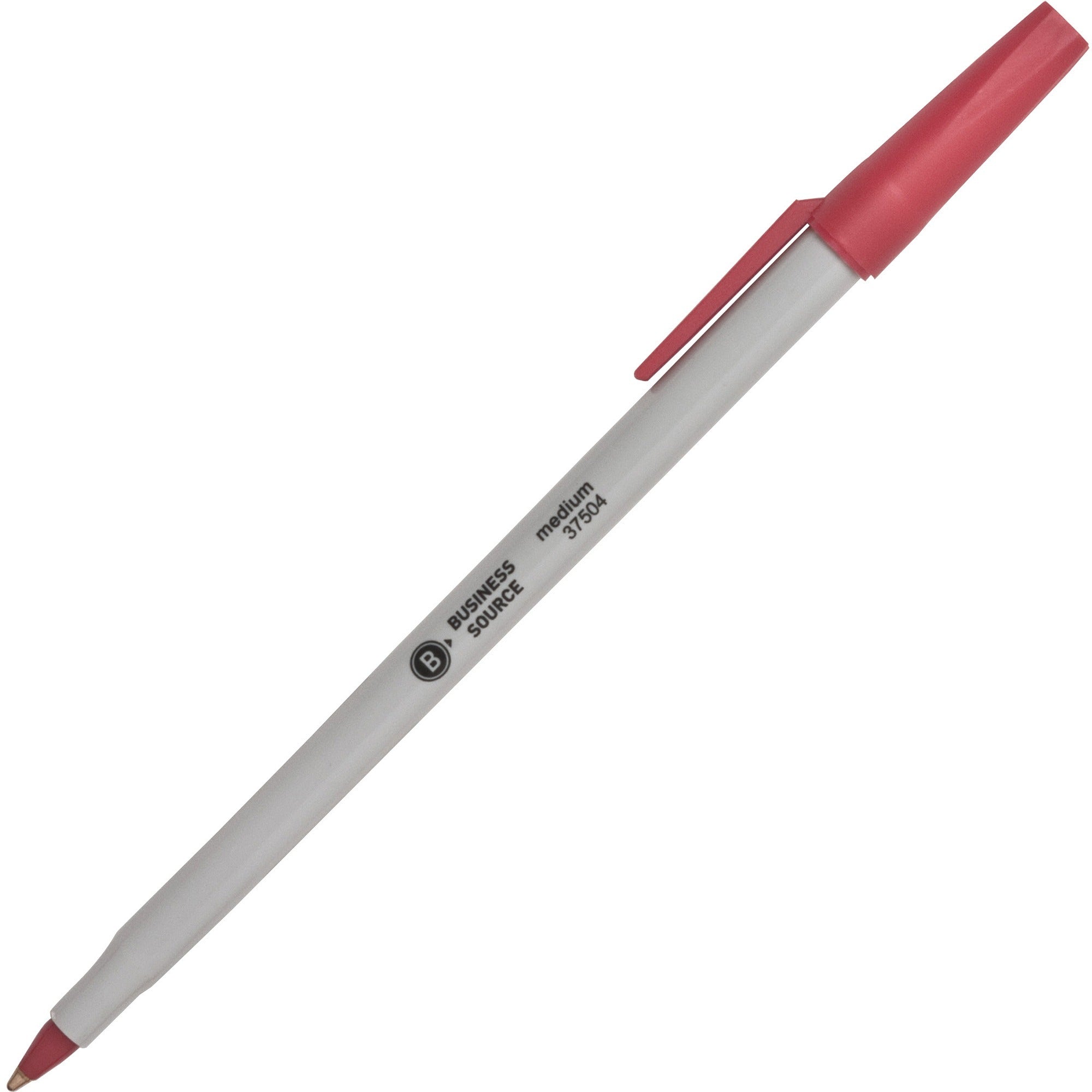 Business Source Medium Point Ballpoint Stick Pens - Medium Pen Point - Red - Light Gray Barrel - Stainless Steel Tip - 1 Dozen - 