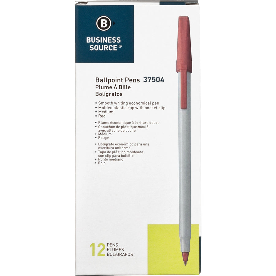 Business Source Medium Point Ballpoint Stick Pens - Medium Pen Point - Red - Light Gray Barrel - Stainless Steel Tip - 1 Dozen - 