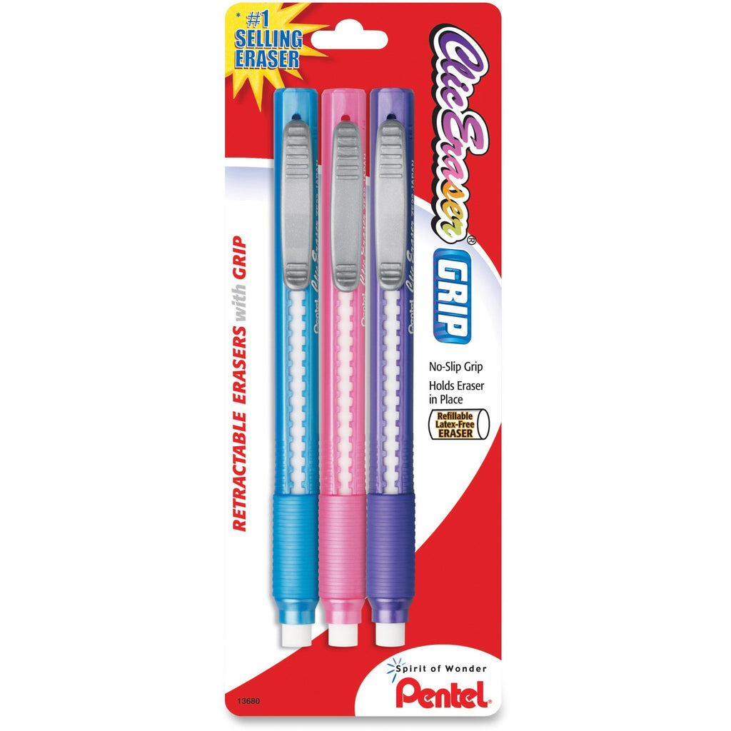 Clic Eraser Grip Eraser, For Pencil Marks, White Eraser, Randomly Assorted Barrel Colors (Three-Colors), 3/Pack