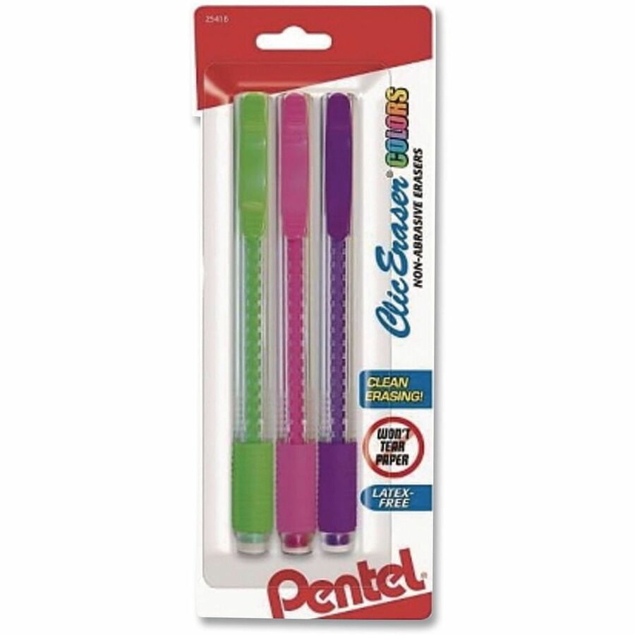 Clic Eraser Grip Eraser, For Pencil Marks, White Eraser, Randomly Assorted Barrel Colors (Three-Colors), 3/Pack