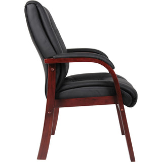 Boss Mid Back Guest Chair - Black Vinyl Seat - Cherry Wood Frame - Four-legged Base - 1 Each