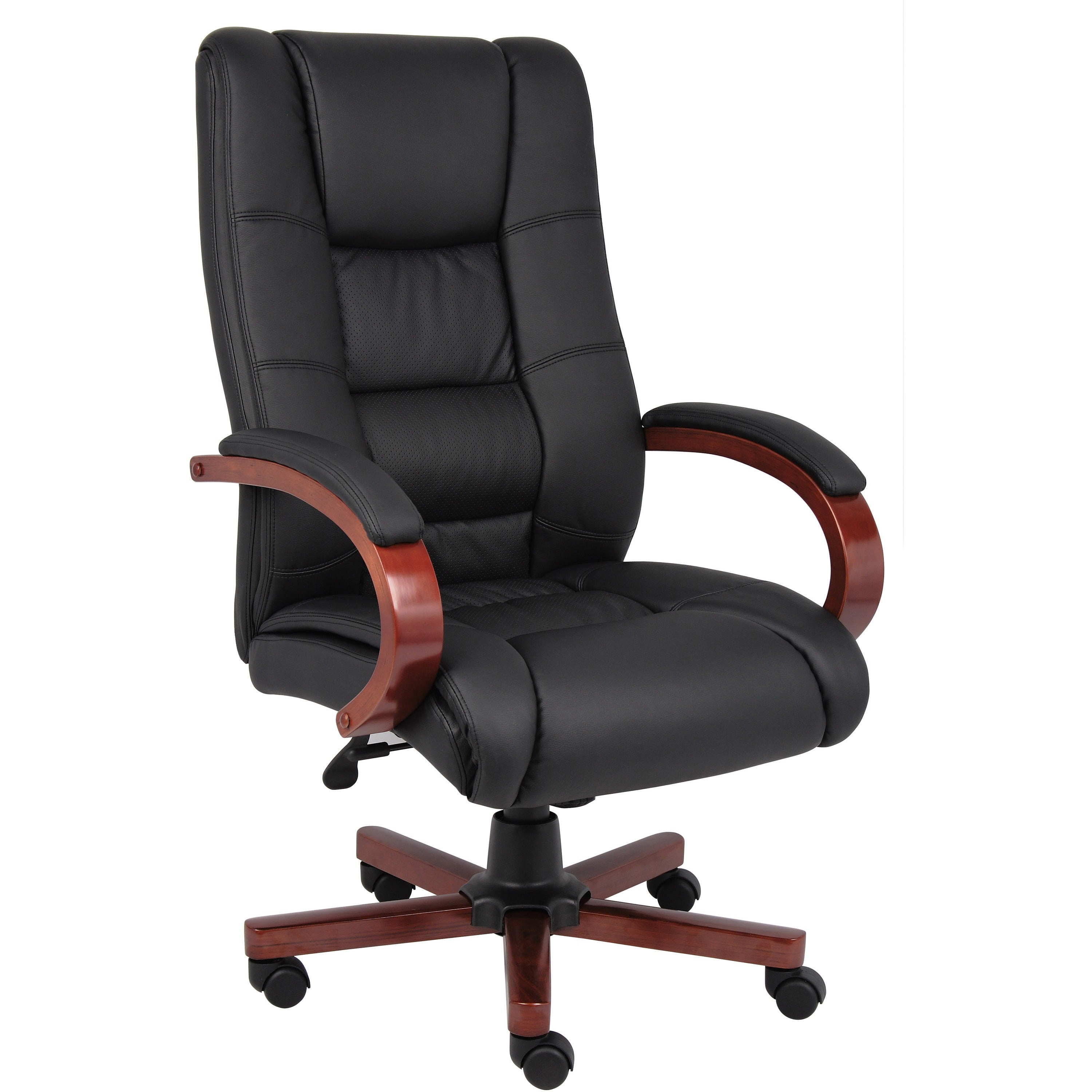 Boss CaressoftPlus High-Back Executive Chair - Black Vinyl Seat - Black, Cherry Wood Wood Frame - 5-star Base - 1 Each - 1