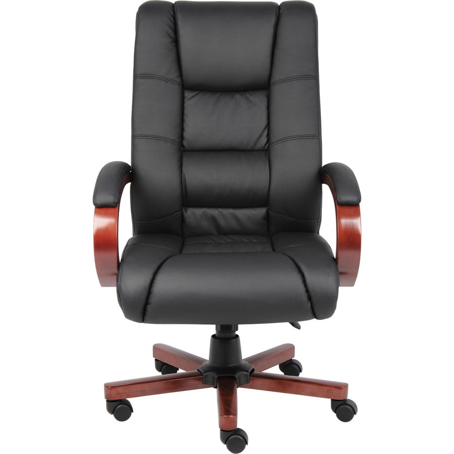 Boss CaressoftPlus High-Back Executive Chair - Black Vinyl Seat - Black, Cherry Wood Wood Frame - 5-star Base - 1 Each