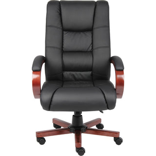 Boss CaressoftPlus High-Back Executive Chair - Black Vinyl Seat - Black, Cherry Wood Wood Frame - 5-star Base - 1 Each