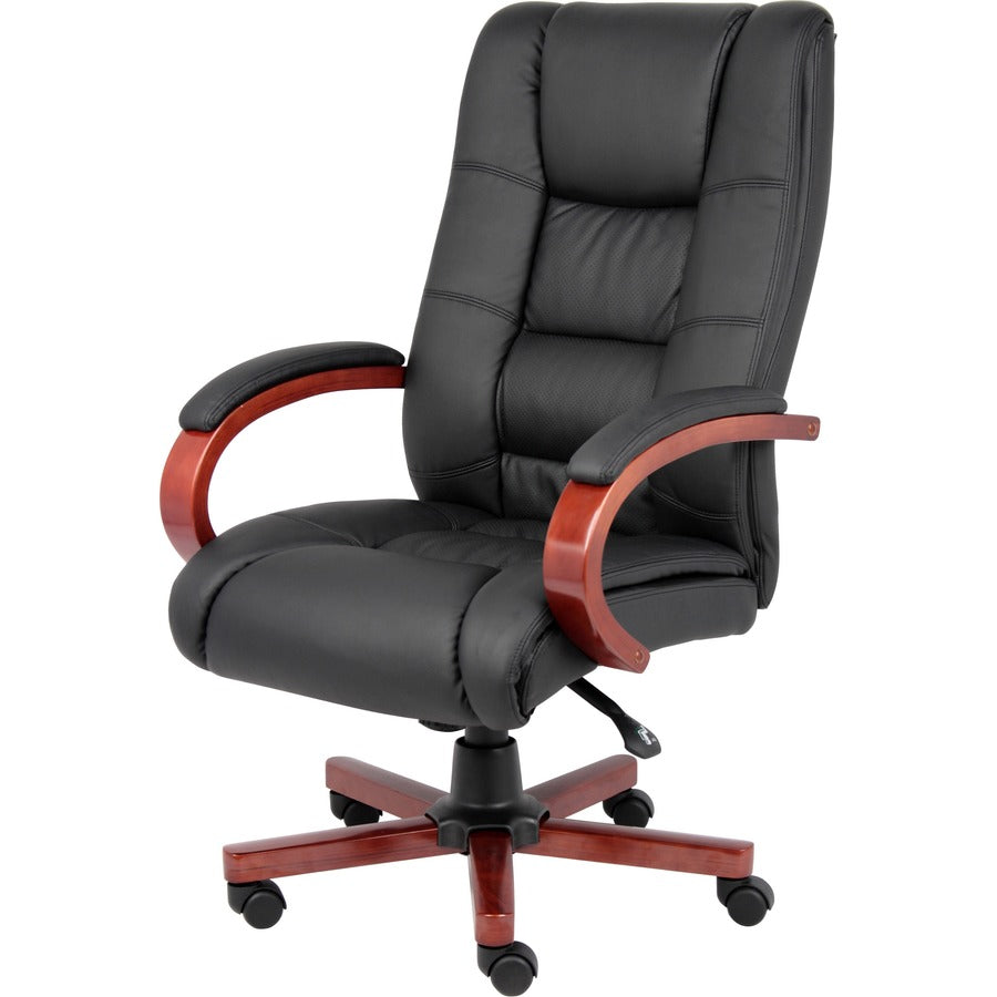 Boss CaressoftPlus High-Back Executive Chair - Black Vinyl Seat - Black, Cherry Wood Wood Frame - 5-star Base - 1 Each - 6