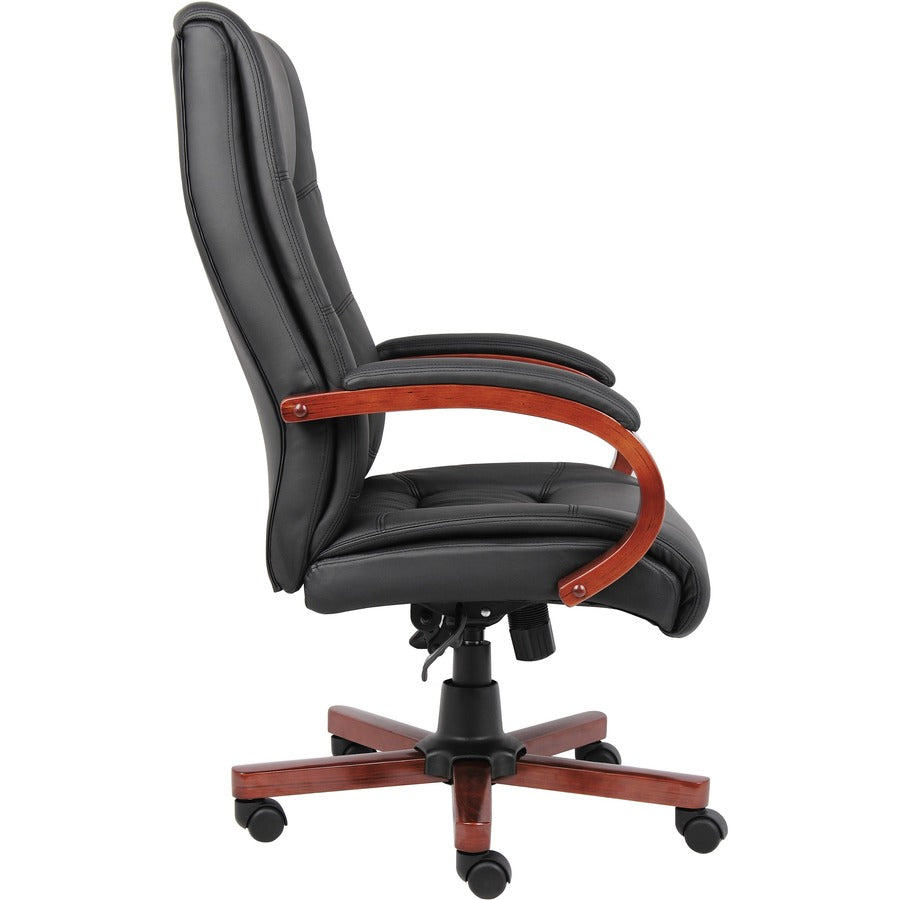 Boss CaressoftPlus High-Back Executive Chair - Black Vinyl Seat - Black, Cherry Wood Wood Frame - 5-star Base - 1 Each