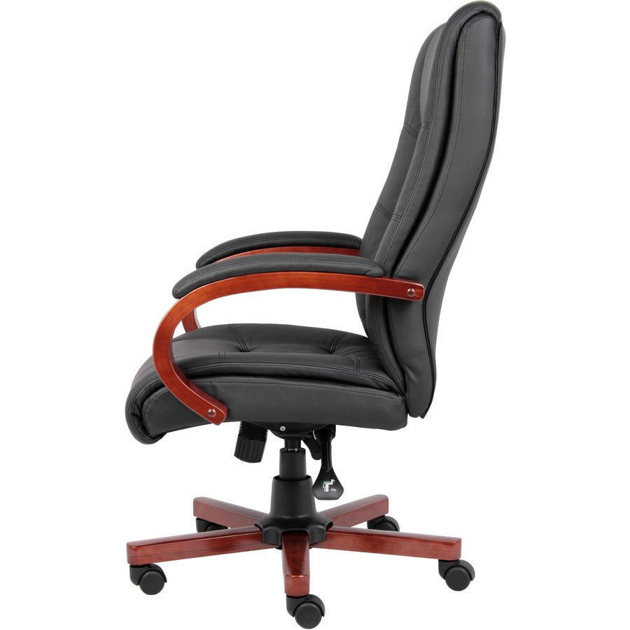 Boss CaressoftPlus High-Back Executive Chair - Black Vinyl Seat - Black, Cherry Wood Wood Frame - 5-star Base - 1 Each