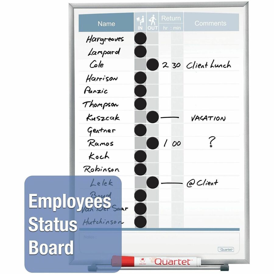 Quartet Matrix 15-employee In/Out Board - 16" Height x 11" Width - White Natural Cork Surface - Magnetic, Durable - Silver Frame - 1 Each