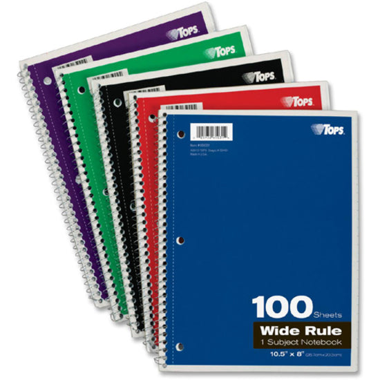 TOPS Wide Rule 1-subject Spiral Notebook - 100 Sheets - Wire Bound - 10 1/2" x 8" - 0.25" x 8" x 10.5" - Assorted Paper - BlackCard Stock, Red, Blue, Green, Purple Cover - Perforated, Subject, Easy Tear, Durable Cover - 1 Each - 