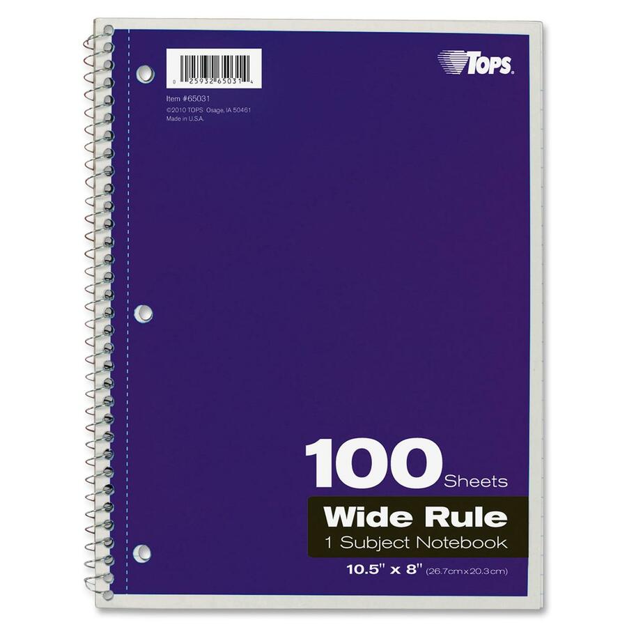 TOPS Wide Rule 1-subject Spiral Notebook - 100 Sheets - Wire Bound - 10 1/2" x 8" - 0.25" x 8" x 10.5" - Assorted Paper - BlackCard Stock, Red, Blue, Green, Purple Cover - Perforated, Subject, Easy Tear, Durable Cover - 1 Each - 