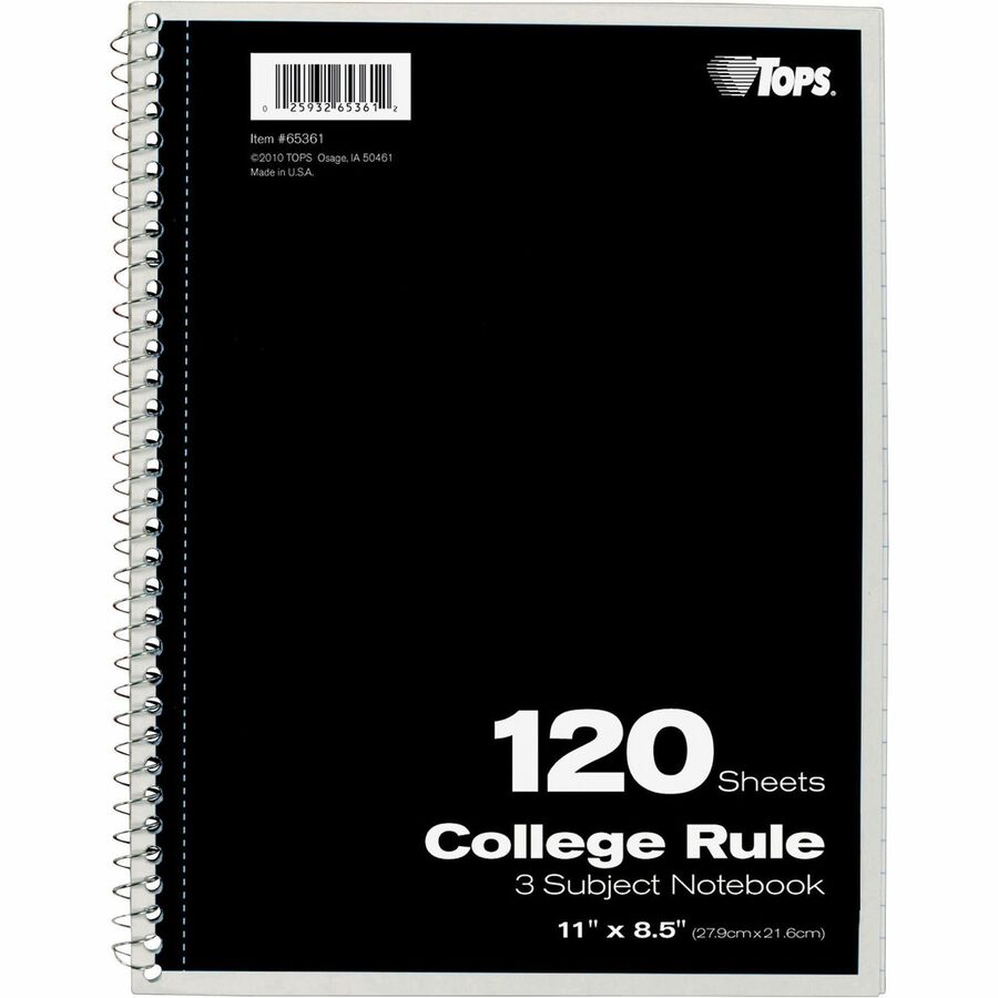 TOPS 3 - subject College Ruled Notebook - Letter - 120 Sheets - Wire Bound - Letter - 8 1/2" x 11" - 0.25" x 8.5" x 11" - Assorted Paper - Black, Red, Blue, Green, Purple Cover - Divider, Perforated - 1 Each