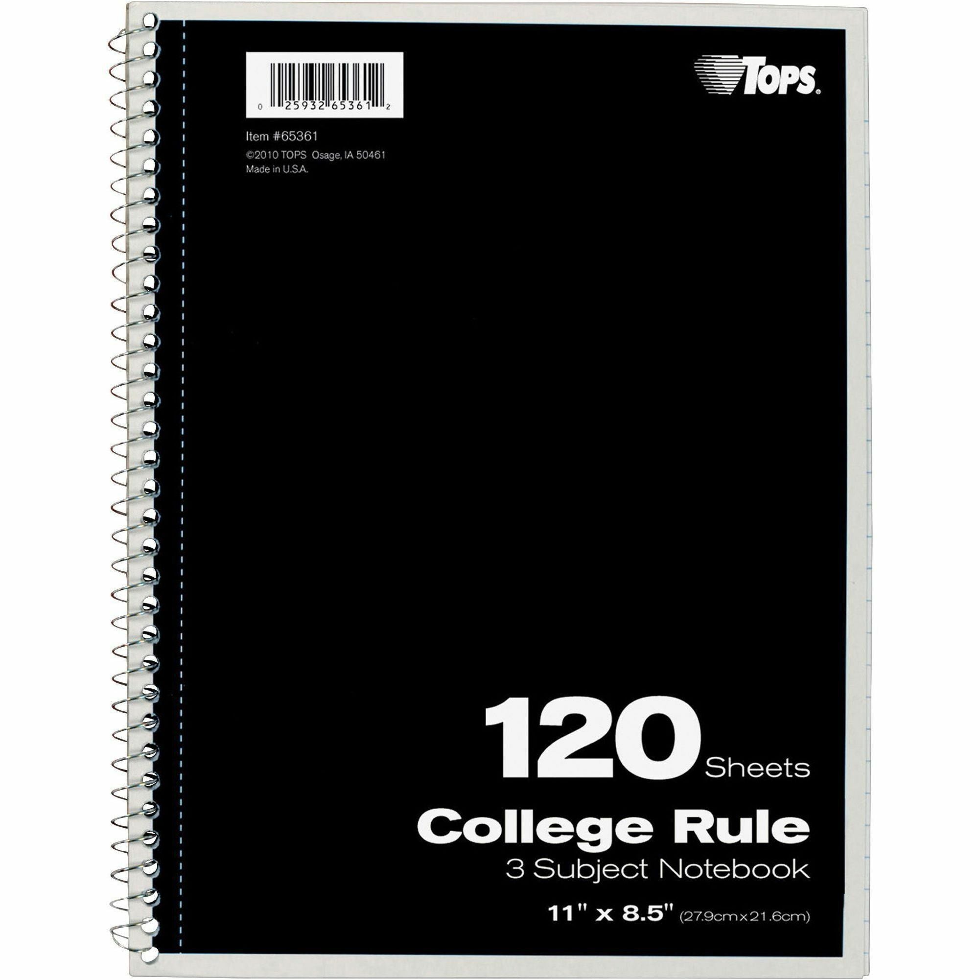 TOPS 3 - subject College Ruled Notebook - Letter - 120 Sheets - Wire Bound - Letter - 8 1/2" x 11" - 0.25" x 8.5" x 11" - Assorted Paper - Black, Red, Blue, Green, Purple Cover - Divider, Perforated - 1 Each - 