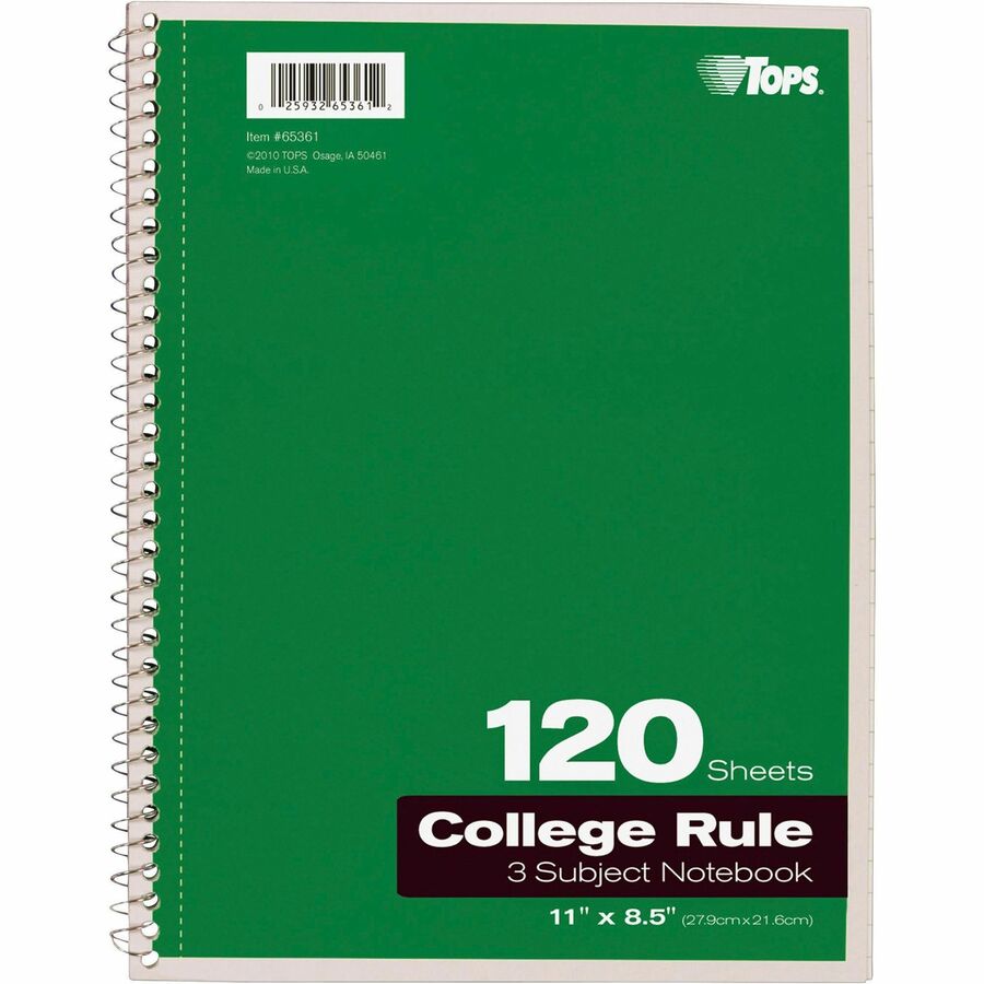 TOPS 3 - subject College Ruled Notebook - Letter - 120 Sheets - Wire Bound - Letter - 8 1/2" x 11" - 0.25" x 8.5" x 11" - Assorted Paper - Black, Red, Blue, Green, Purple Cover - Divider, Perforated - 1 Each