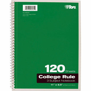 TOPS 3 - subject College Ruled Notebook - Letter - 120 Sheets - Wire Bound - Letter - 8 1/2" x 11" - 0.25" x 8.5" x 11" - Assorted Paper - Black, Red, Blue, Green, Purple Cover - Divider, Perforated - 1 Each