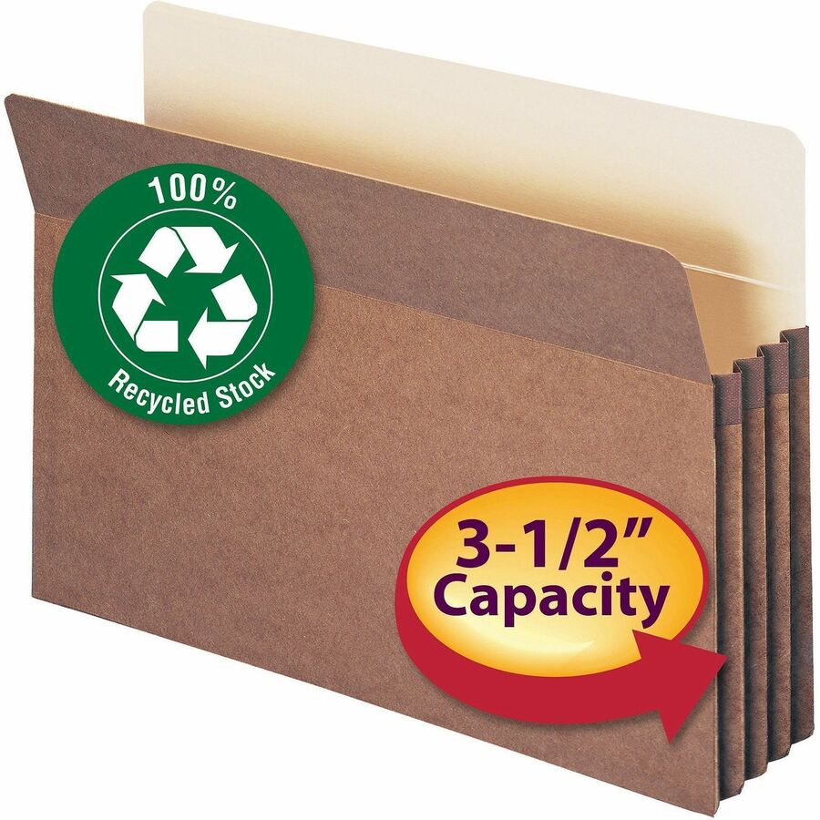 Smead Straight Tab Cut Legal Recycled File Pocket - 9 1/2" x 14 5/8" - 3 1/2" Expansion - Redrope, Manila - 100% Recycled - 25 / Box