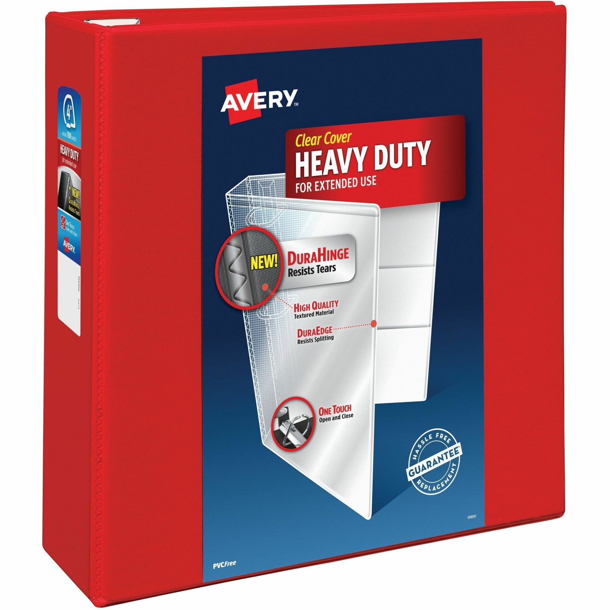Heavy-Duty View Binder with DuraHinge and Locking One Touch EZD Rings, 3 Rings, 4" Capacity, 11 x 8.5, Red