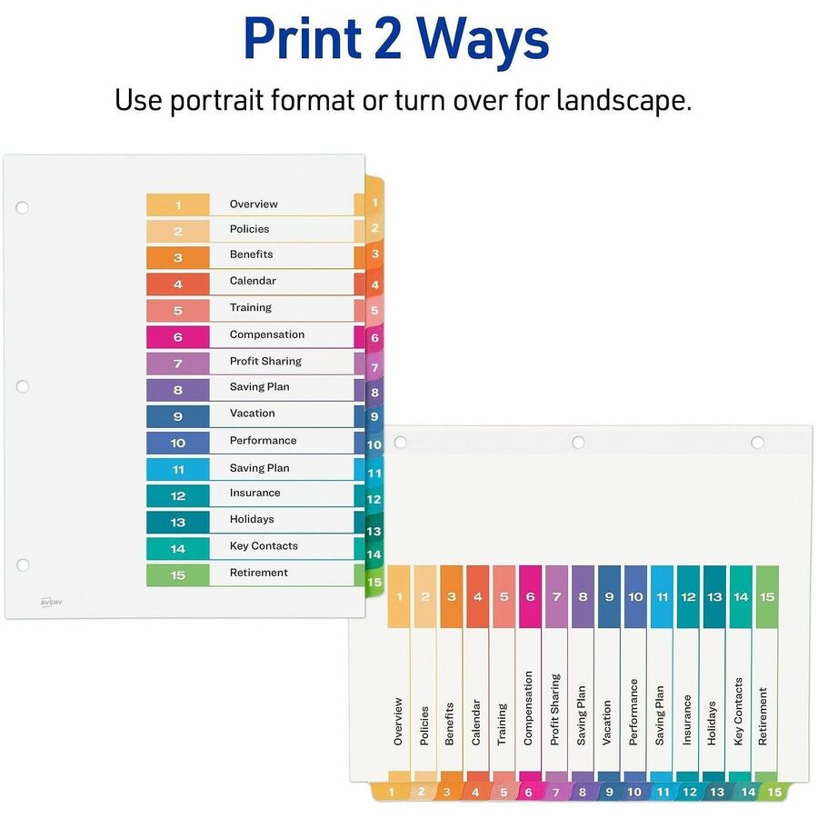 Avery Customizable Table of Contents Dividers, Ready Index(R) Printable Section Titles, Preprinted 1-15 Multicolor Tabs, 3 Sets (11074)