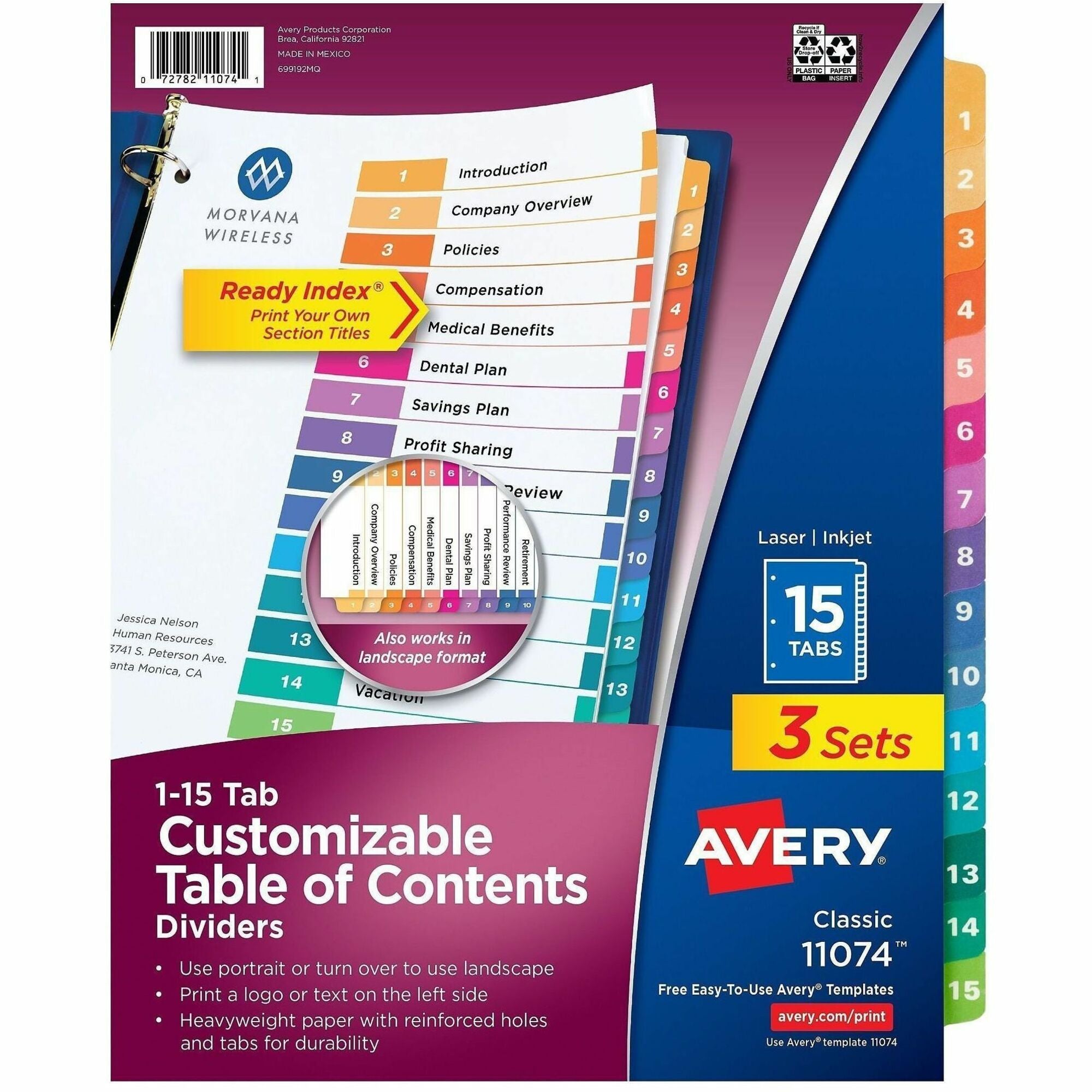 Avery Customizable Table of Contents Dividers, Ready Index(R) Printable Section Titles, Preprinted 1-15 Multicolor Tabs, 3 Sets (11074)