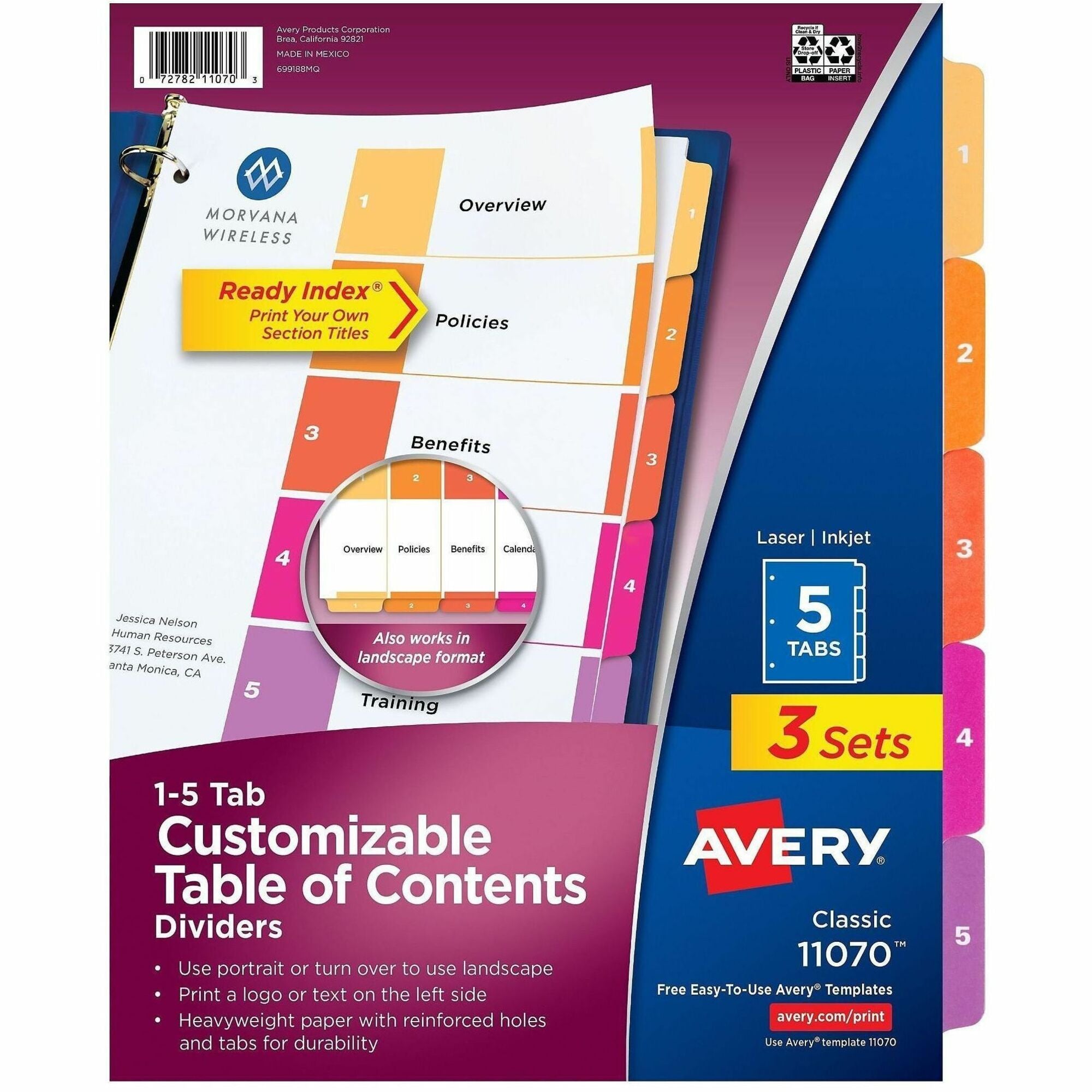 Avery Customizable Table of Contents Dividers, Ready Index(R) Printable Section Titles, Preprinted 1-5 Multicolor Tabs, 3 Sets (11070)