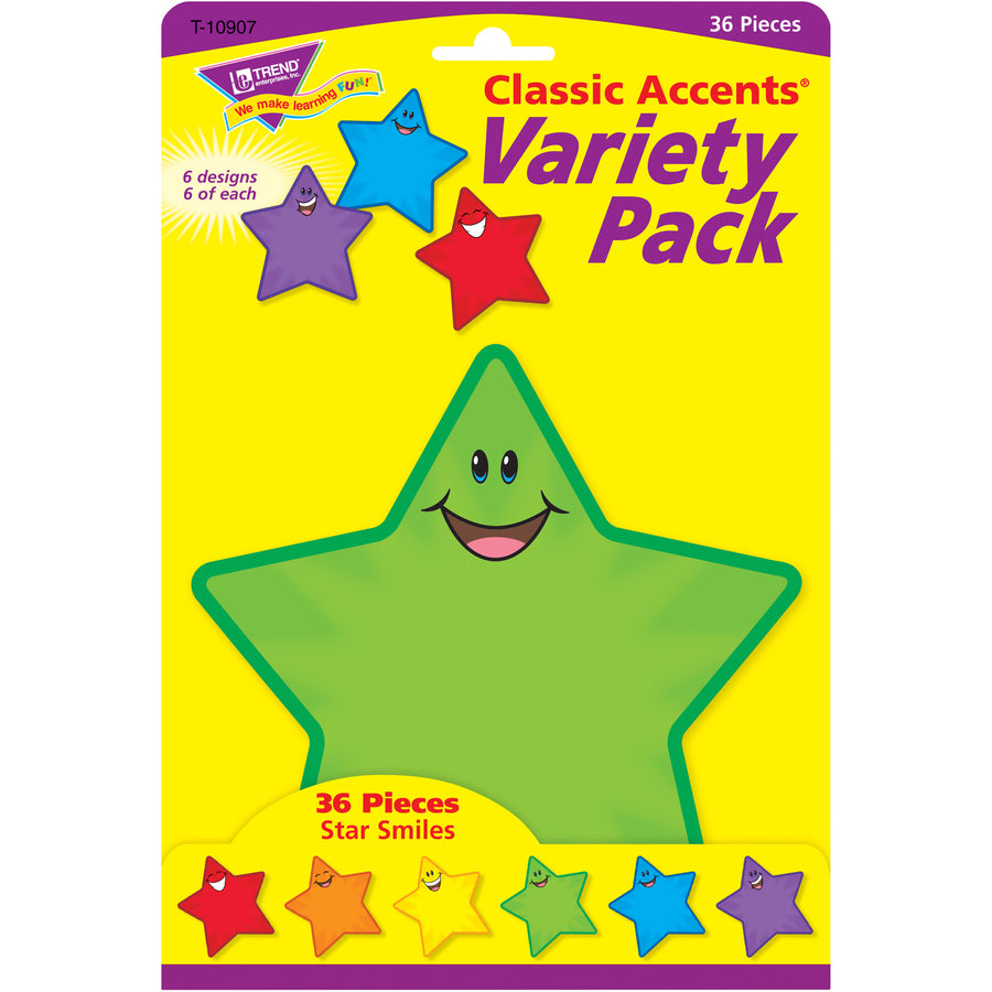 Trend Smiling Stars Accents - 36 x Smiley Star Shape - Precut - 5.50" Height - Assorted - 36 / Pack - 