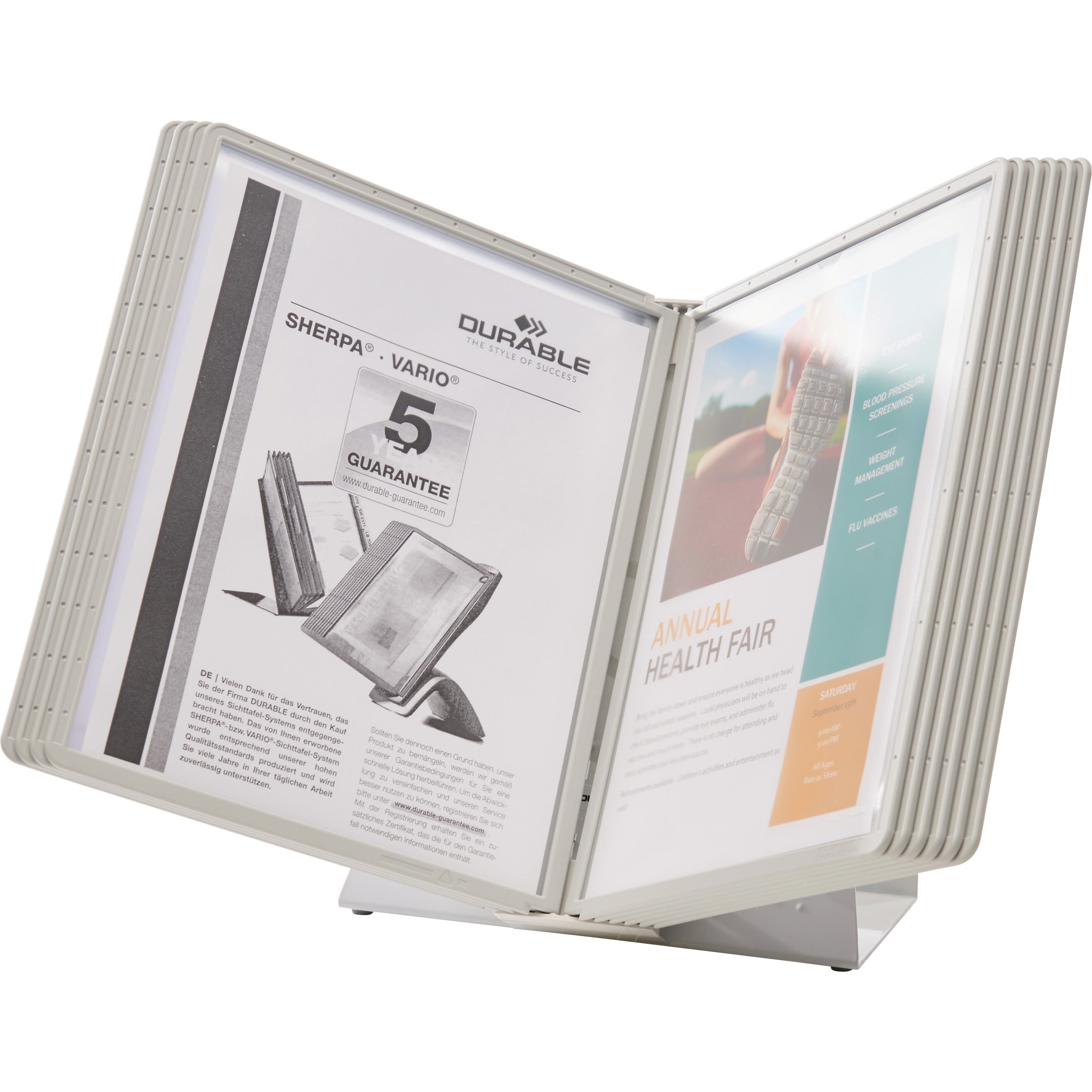 DURABLE VARIO Antimicrobial Desktop Reference Display System - Desktop - 10 Double Sided Panels - Letter Size - Antimicrobial Polypropylene Sleeves - Anti-Reflective/Non-Glare - Gray - 