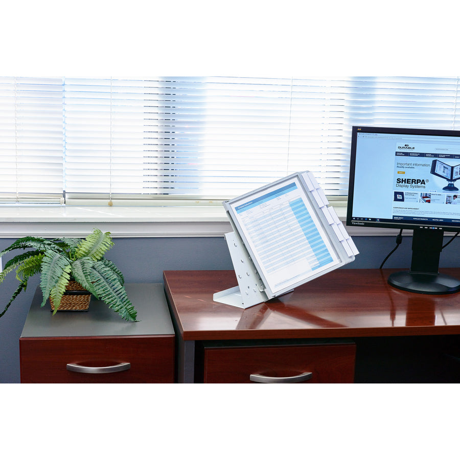 DURABLE VARIO Antimicrobial Desktop Reference Display System - Desktop - 10 Double Sided Panels - Letter Size - Antimicrobial Polypropylene Sleeves - Anti-Reflective/Non-Glare - Gray