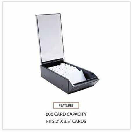 Business Card File, Holds 600 2 x 3.5 Cards, 4.25 x 8.25 x 2.5, Metal/Plastic, Black
