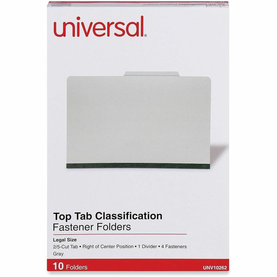 Four-Section Pressboard Classification Folders, 2" Expansion, 1 Divider, 4 Fasteners, Legal Size, Gray Exterior, 10/Box