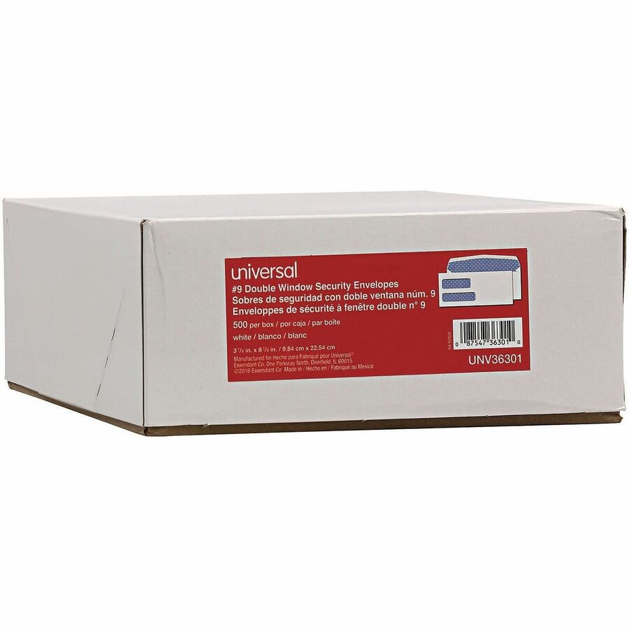 Double Window Business Envelope, #9, Commercial Flap, Gummed Closure, 3.88 x 8.88, White, 500/Box