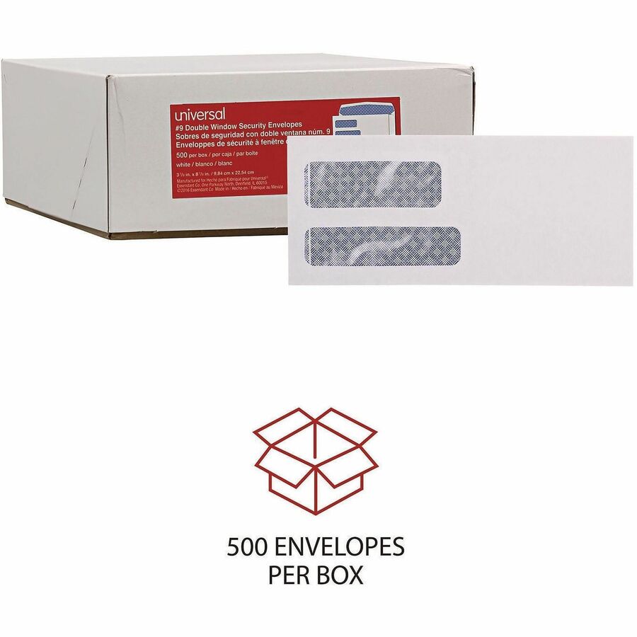 Double Window Business Envelope, #9, Commercial Flap, Gummed Closure, 3.88 x 8.88, White, 500/Box