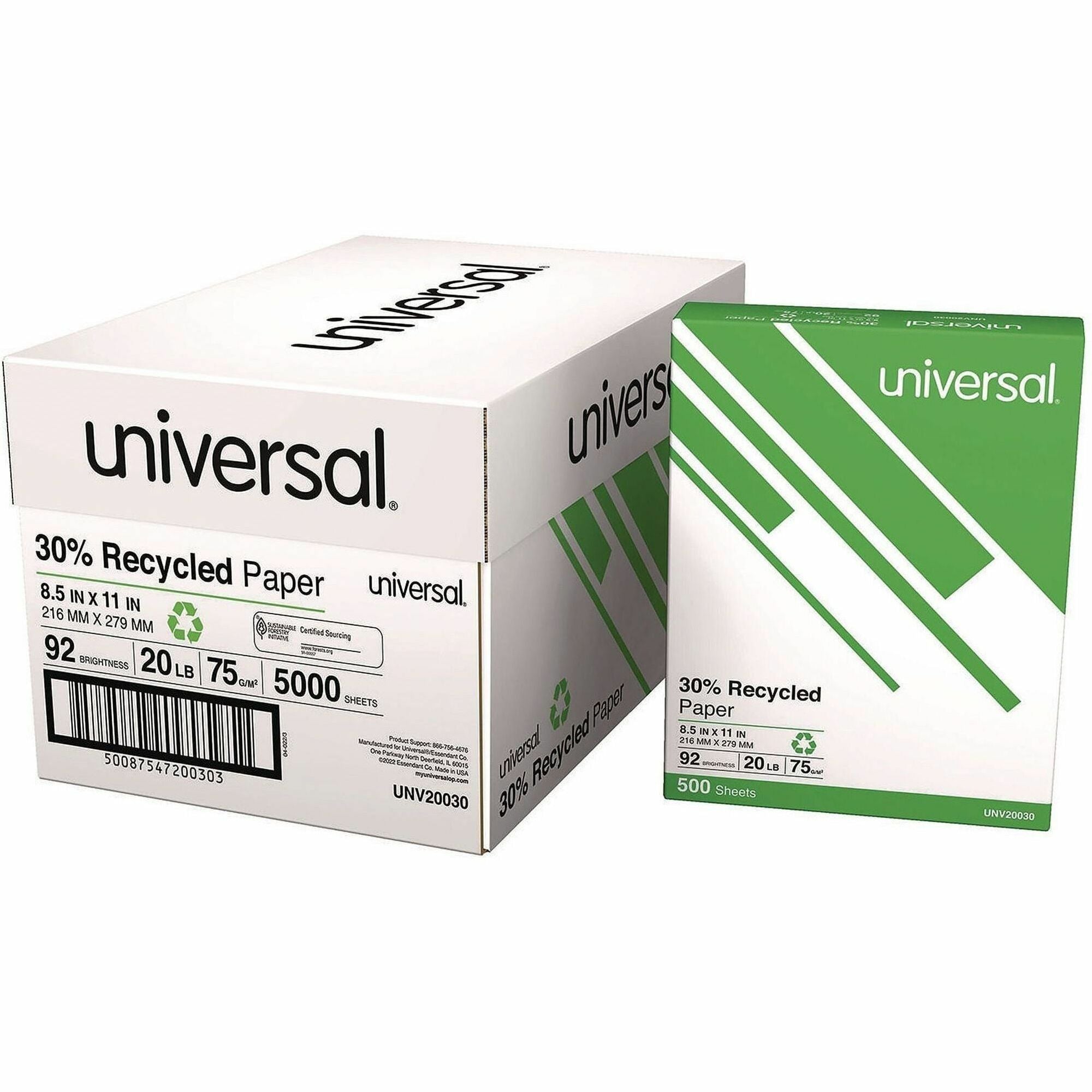 30% Recycled Copy Paper, 92 Bright, 20 lb Bond Weight, 8.5 x 11, White, 500 Sheets/Ream, 10 Reams/Carton