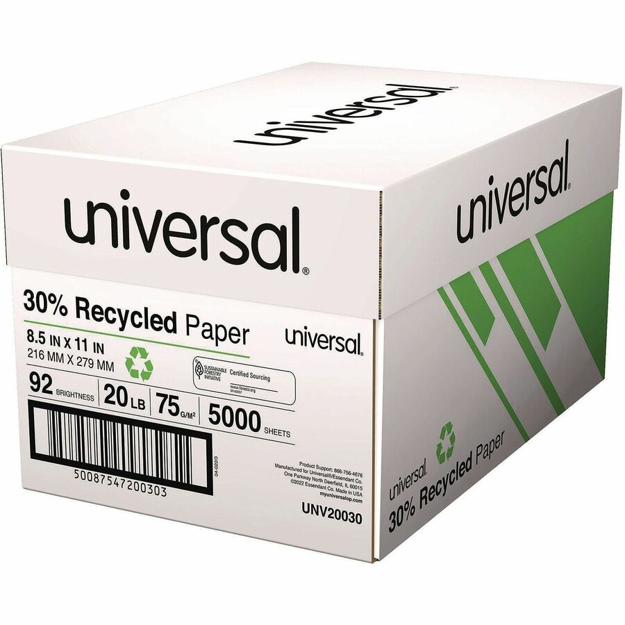 30% Recycled Copy Paper, 92 Bright, 20 lb Bond Weight, 8.5 x 11, White, 500 Sheets/Ream, 10 Reams/Carton